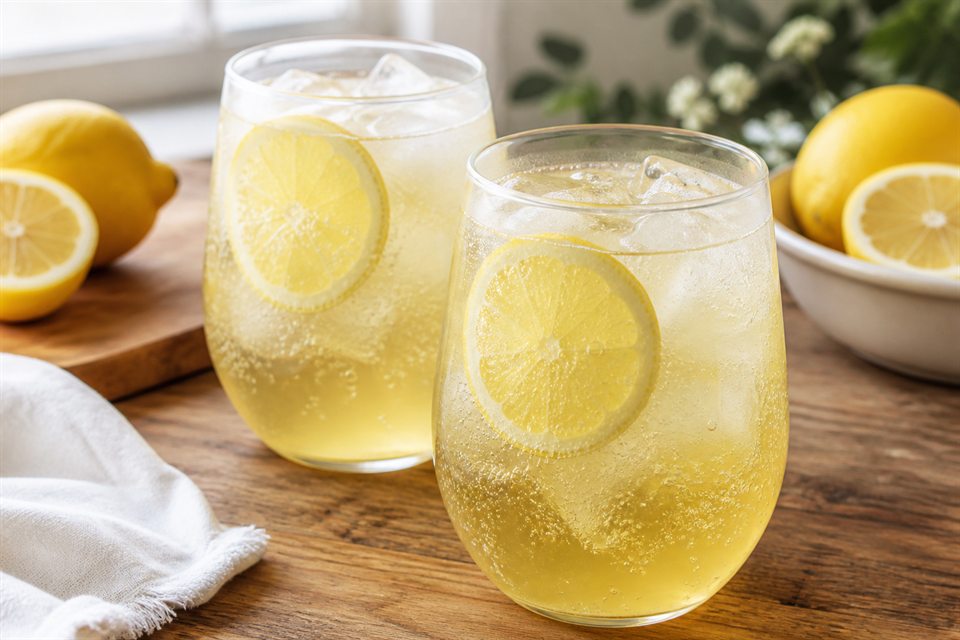 Two glasses of sparkling honey-lemon cooler with ice and lemon slices
