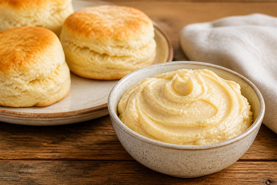 Whipped Texas honey butter in a ceramic bowl with warm biscuits